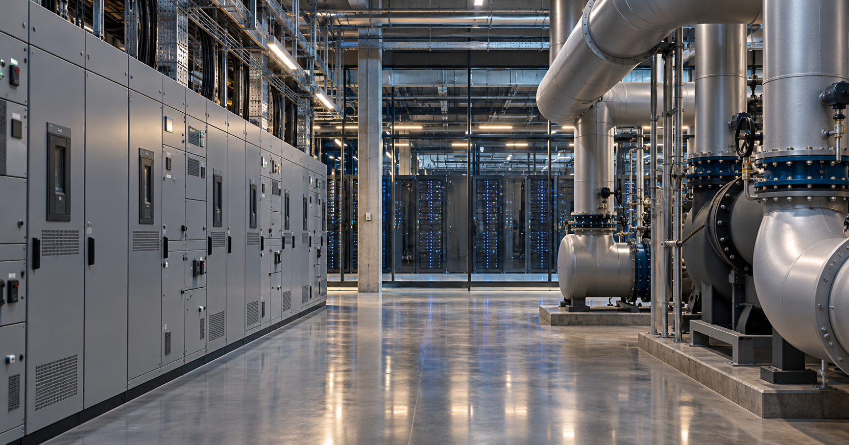 Illustrative data-center electrical corridor with switchgear cabinets, cooling pipes and server racks.