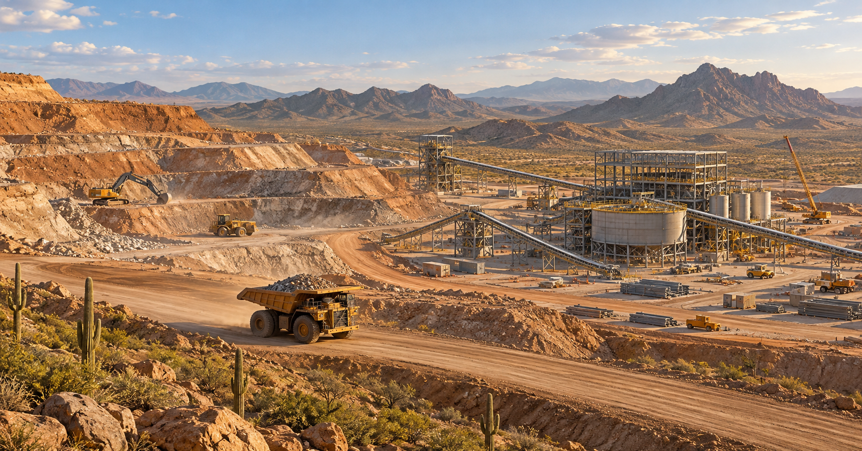 Illustration of copper-mine construction and a processing plant in an Arizona desert landscape.