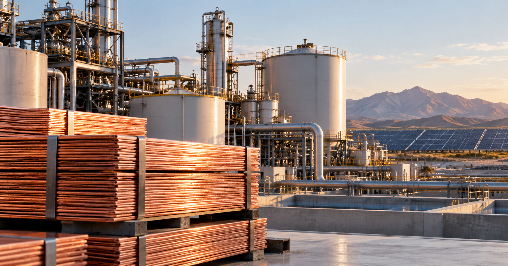 Conceptual illustration of copper plates, industrial tanks and pipework, with solar panels in the background.