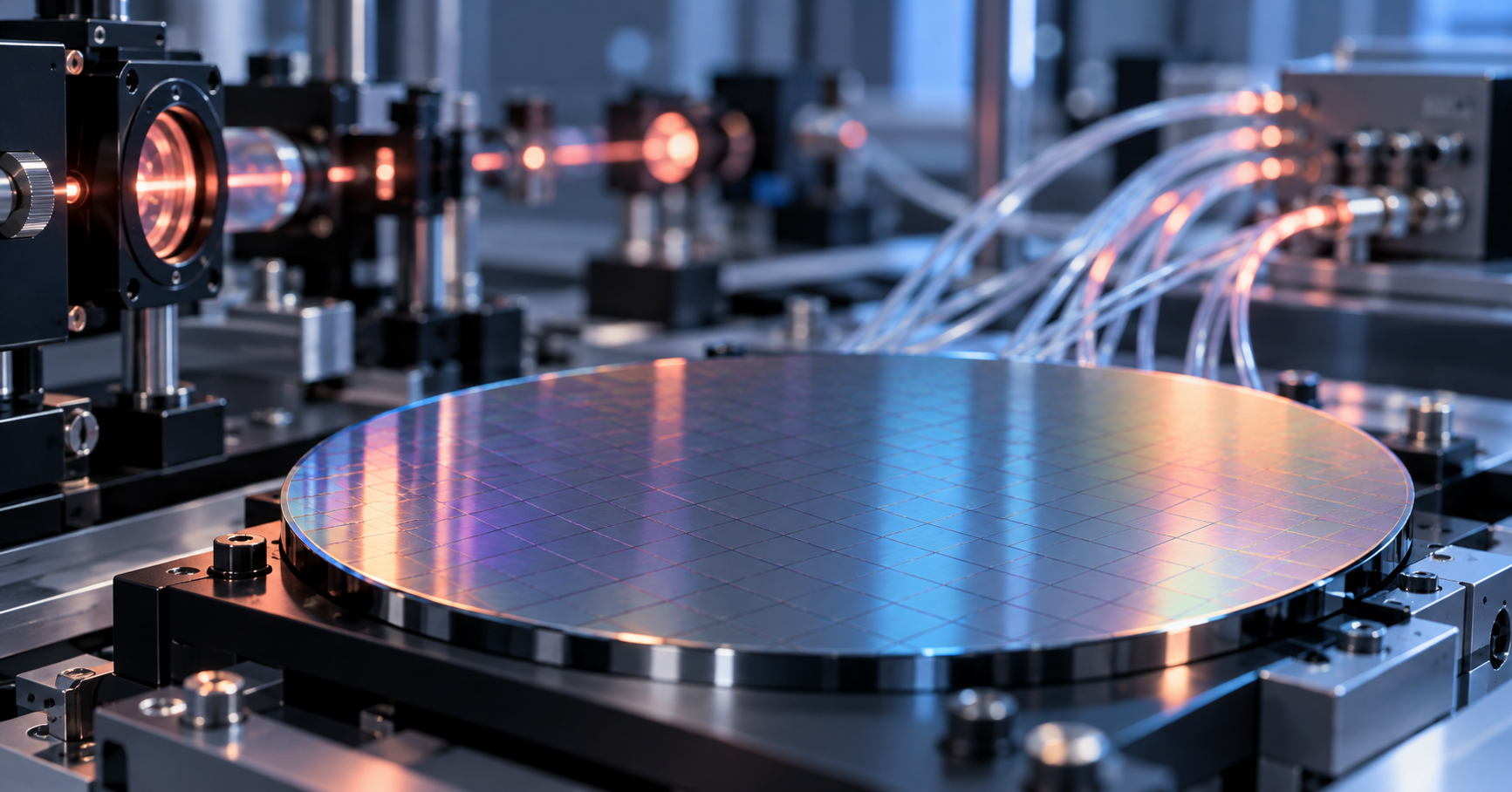 A semiconductor wafer beside optical fibers and laboratory equipment in a conceptual manufacturing scene.