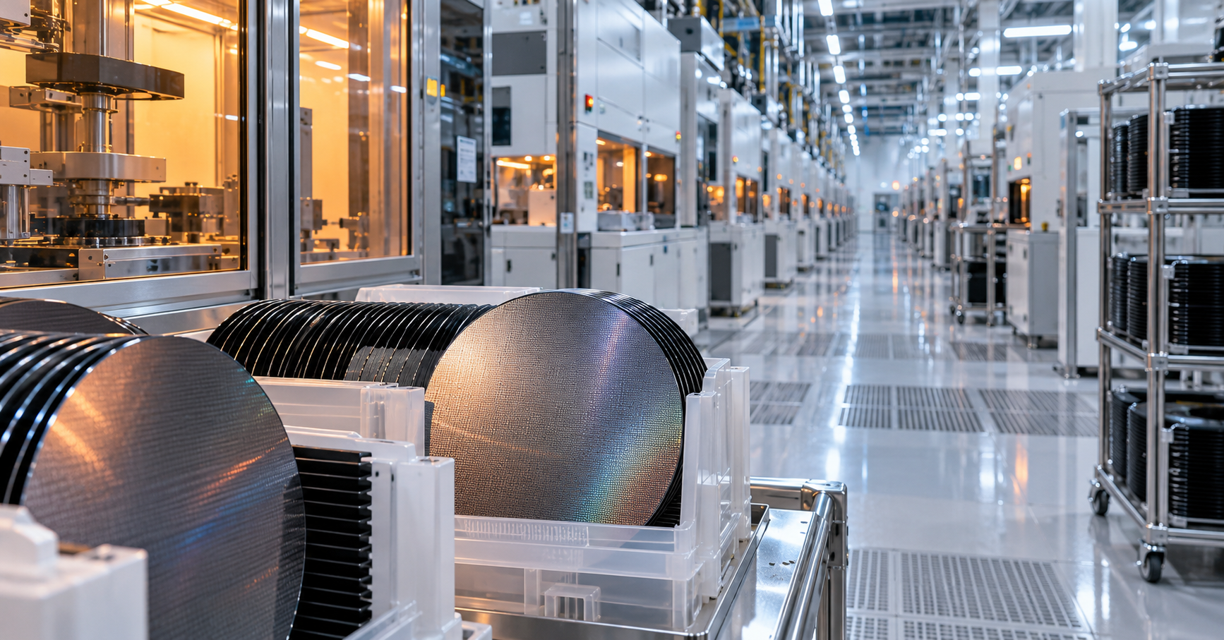 Silicon carbide wafers and fabrication equipment inside an advanced semiconductor facility.