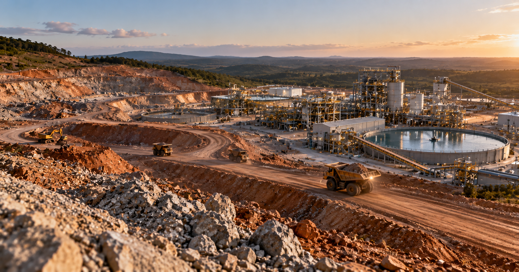 Open-pit rare earth mine and processing complex with haul trucks, excavation benches, conveyors, tanks, and industrial processing infrastructure.