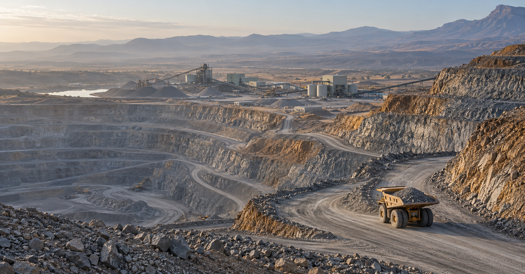 Illustrative open-pit mining scene with terraced rock benches, a haul truck and a processing plant.