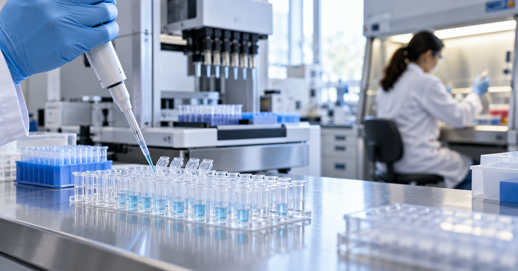 Illustrative pipetting work beside automated laboratory equipment, with a scientist in the background.