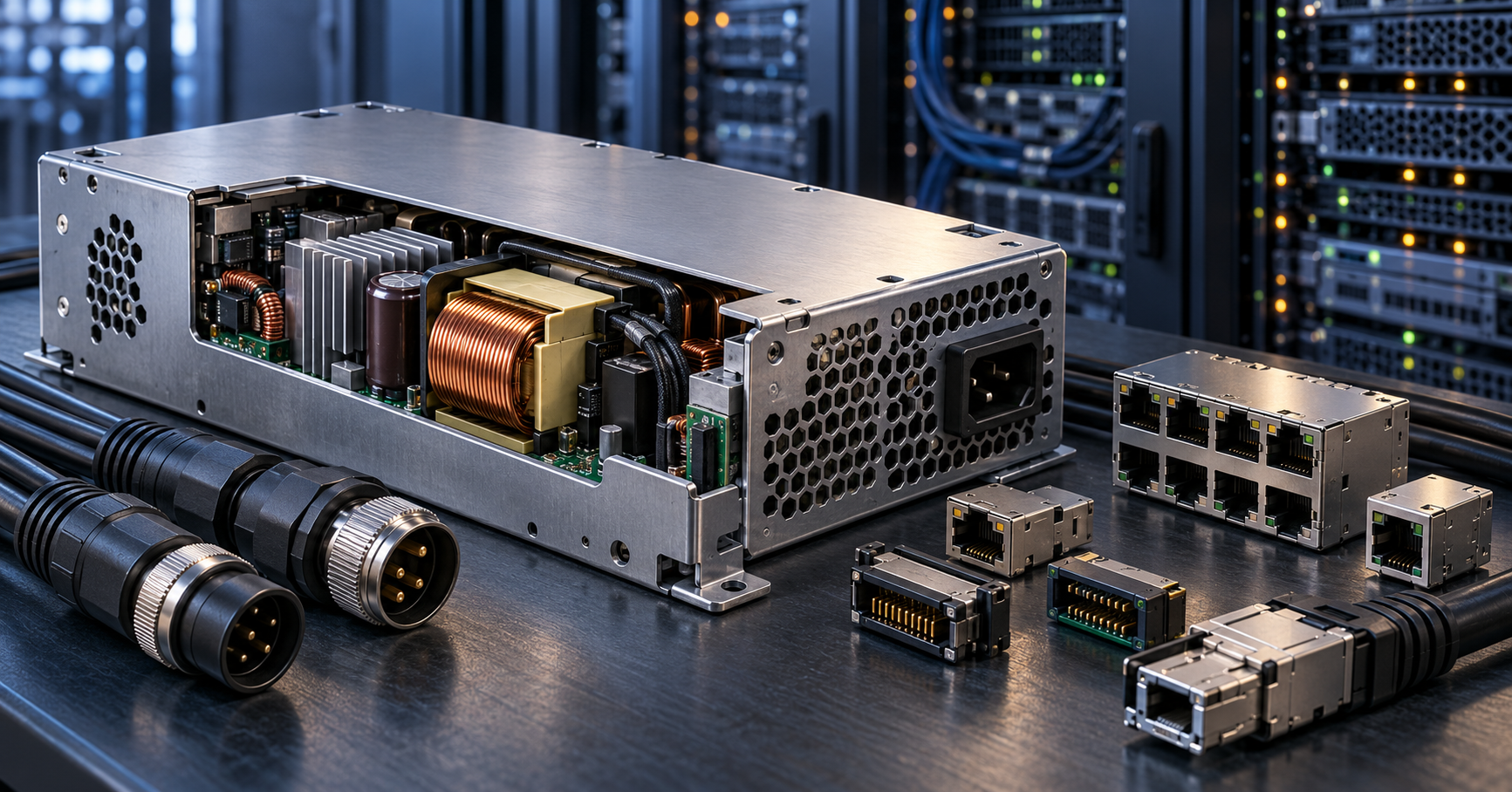 Conceptual illustration of power-conversion equipment and electronic connectors with server racks in the background.
