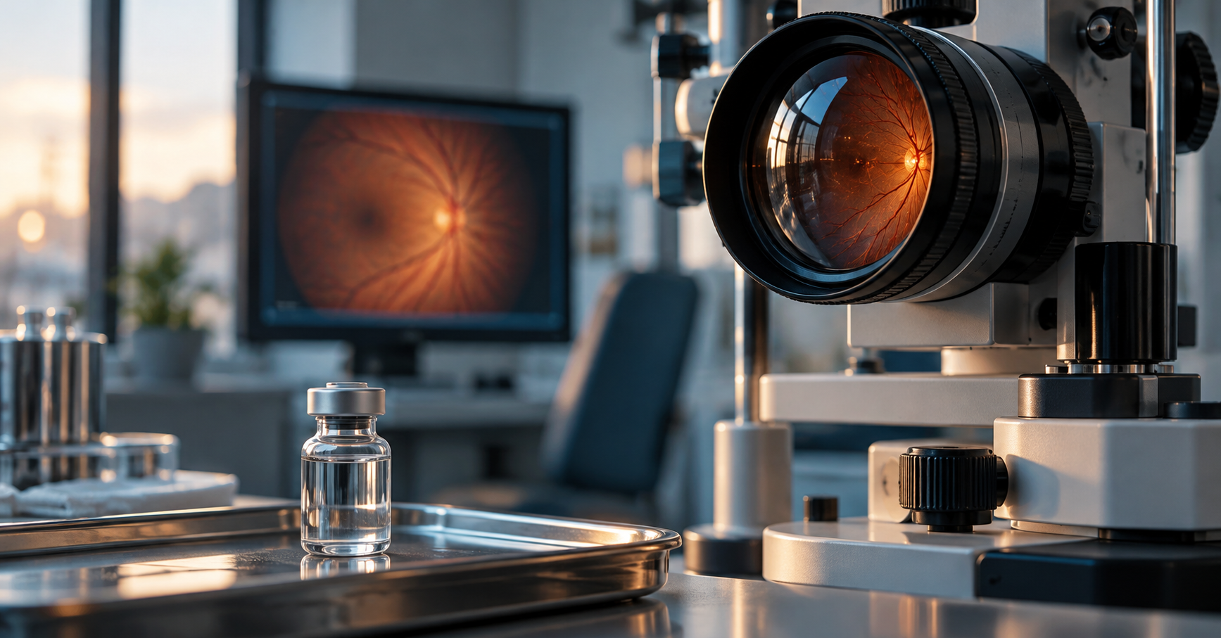 Illustrative ophthalmic examination equipment and an unlabelled pharmaceutical vial in a clinical setting.