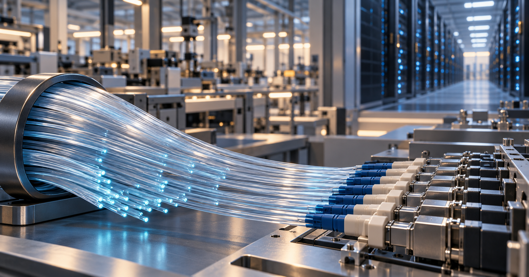 Conceptual illustration of optical fibers and connector assemblies with manufacturing equipment and data-center racks.
