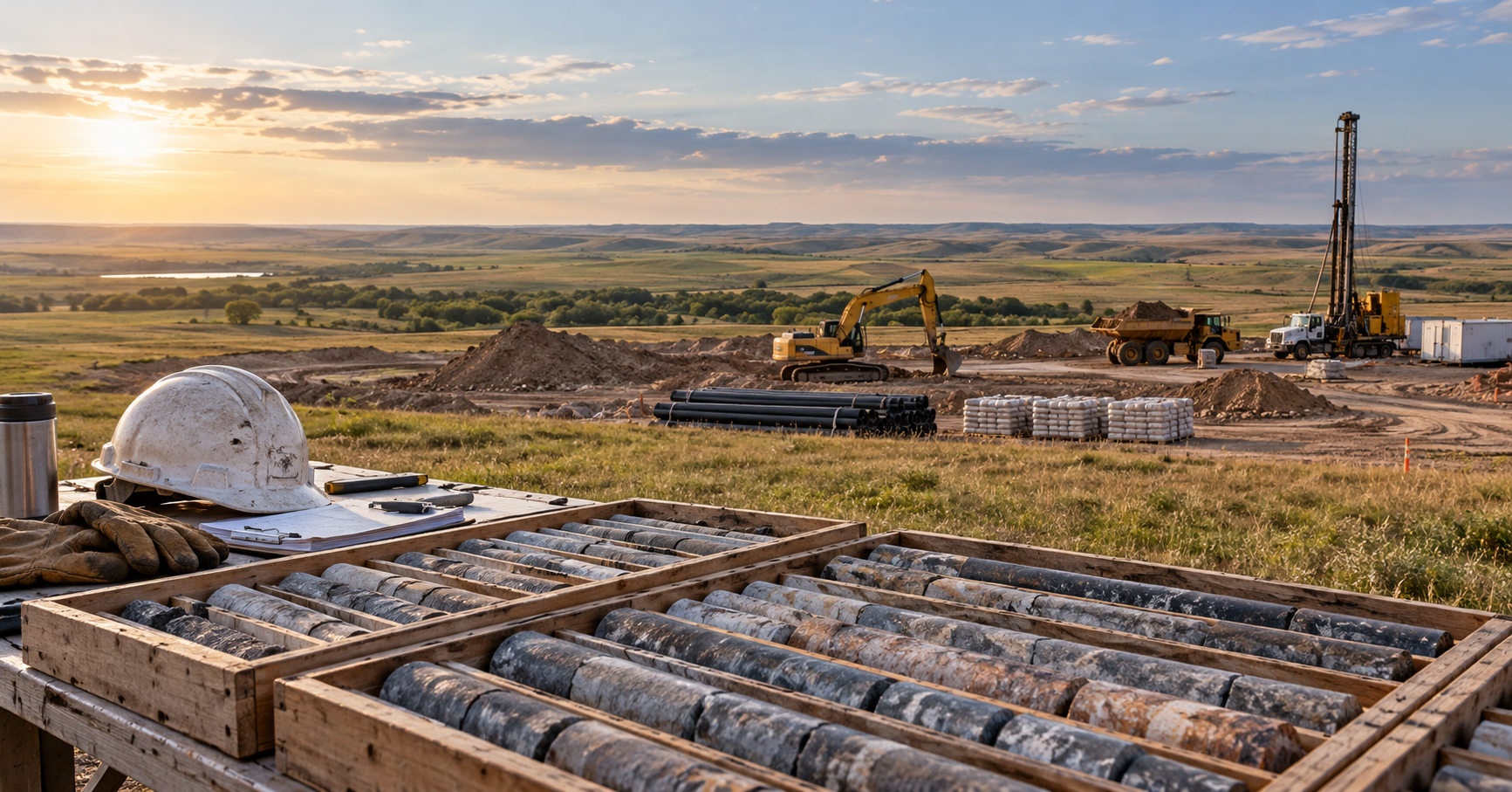 Illustrative drill-core trays beside early construction earthworks in a rural prairie landscape.