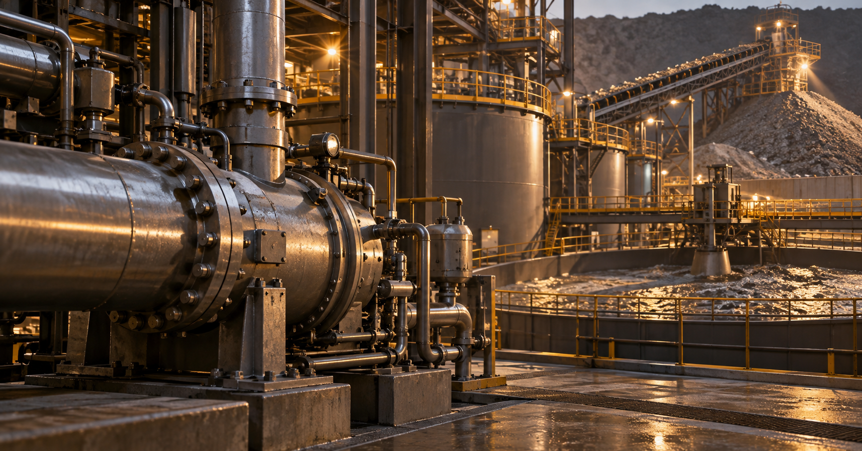 Industrial pipes, processing vessels and an ore conveyor in an illustrative gold-processing facility.