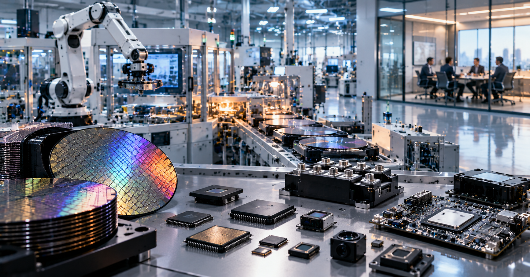 Semiconductor wafers, chips, sensors, and circuit boards in an automated fabrication facility, with robotic equipment and a business meeting visible in the background.