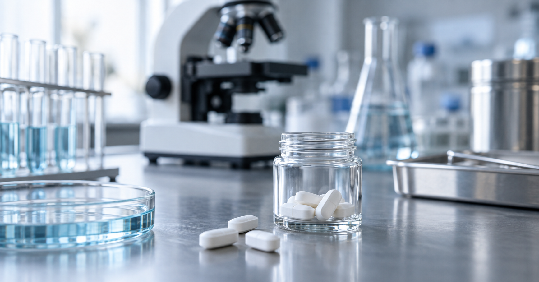 White tablets beside an unlabelled glass jar on a laboratory bench, with a microscope and glassware in the background.